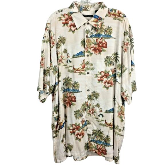 Pierre Cardin Shirt Mens Sz XL Beige Tropical Floral Hawaiian Hula Girl Camp‎ - Picture 1 of 8